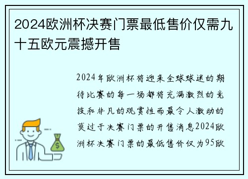 2024欧洲杯决赛门票最低售价仅需九十五欧元震撼开售 2024欧洲杯决赛门票最低售价仅需九十五欧元震撼开售