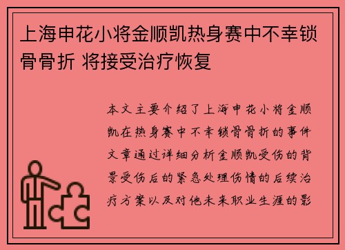 上海申花小将金顺凯热身赛中不幸锁骨骨折 将接受治疗恢复 上海申花小将金顺凯热身赛中不幸锁骨骨折 将接受治疗恢复