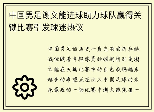 中国男足谢文能进球助力球队赢得关键比赛引发球迷热议