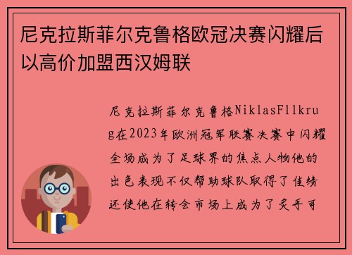 尼克拉斯菲尔克鲁格欧冠决赛闪耀后以高价加盟西汉姆联